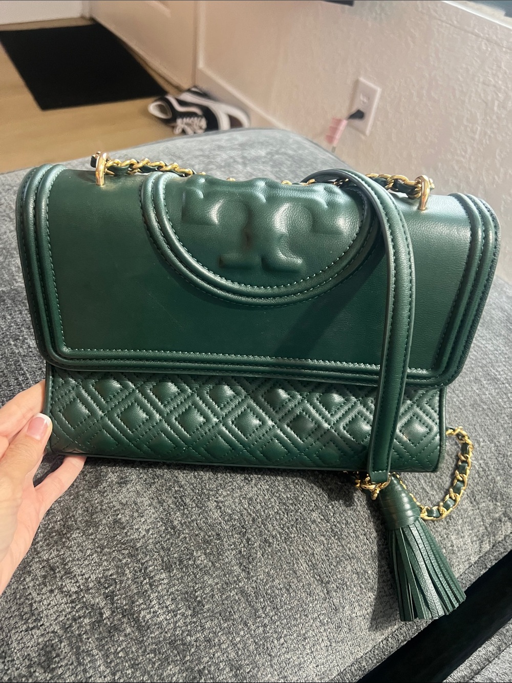 Green Quilted Leather Shoulder Bag with Tassel